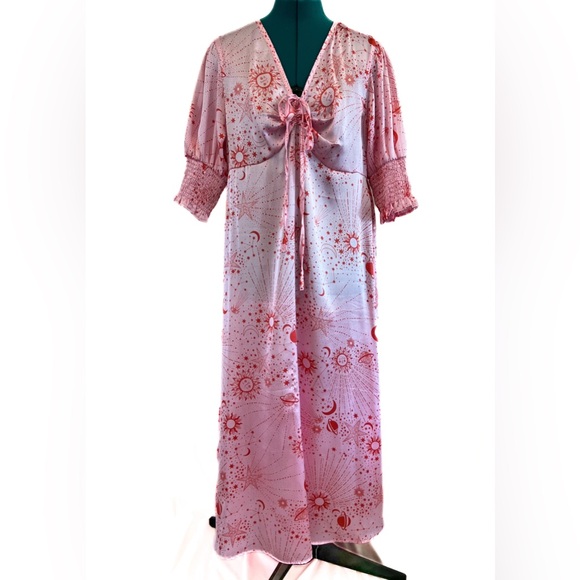 Neon Rose Ruched Bust Midi Tea Dress In Pink Red Celestial Satin Size XL… - Picture 7 of 14